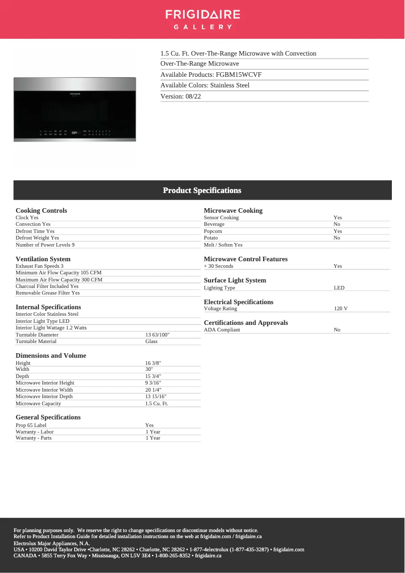 Page n°1 - Fiche technique Frigidaire FGBM15WCVF