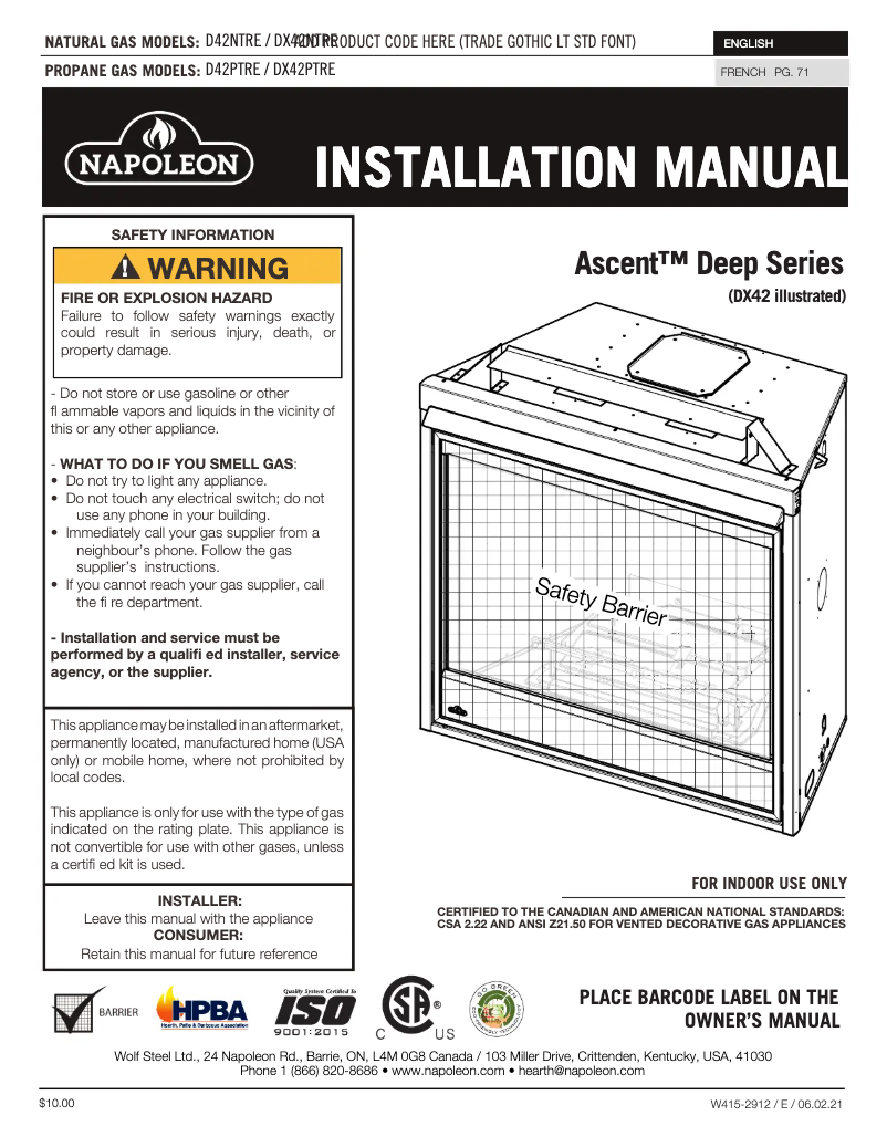 Página 1 del manual Manual de usuario Napoleon Ascent Deep 42