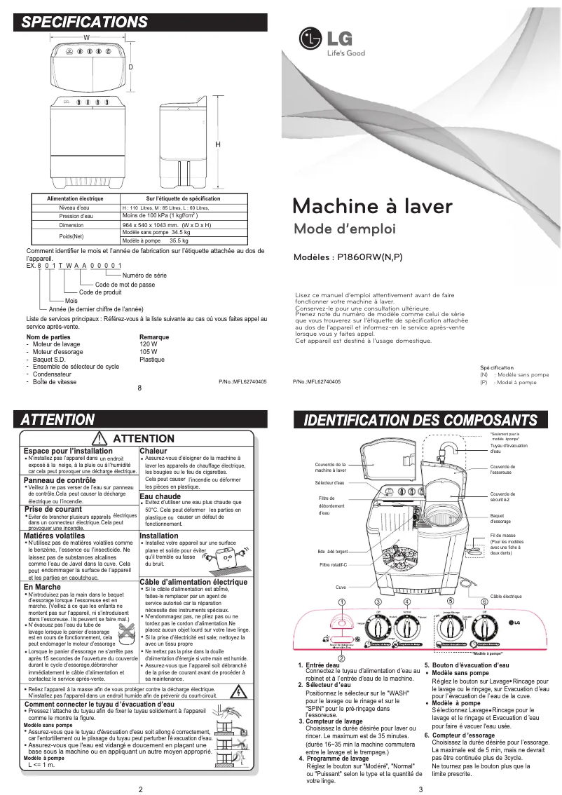 Page 1 de la notice Manuel utilisateur LG P1860RWN