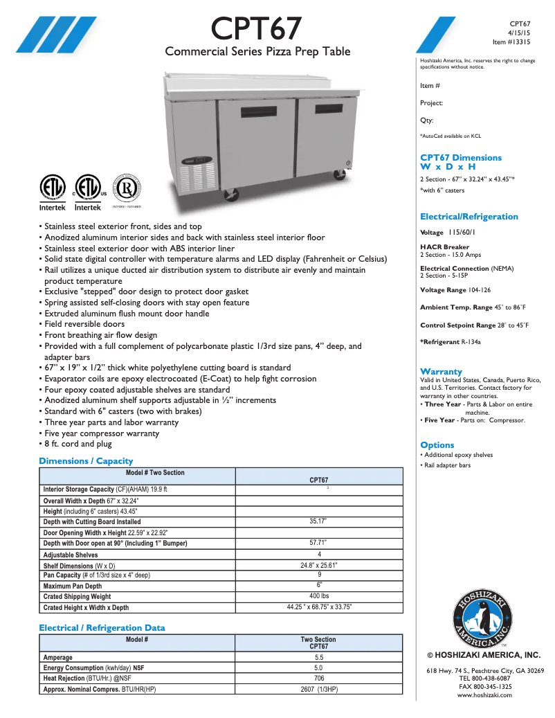 Page 1 of the manual Technical Sheet Hoshizaki CPT67