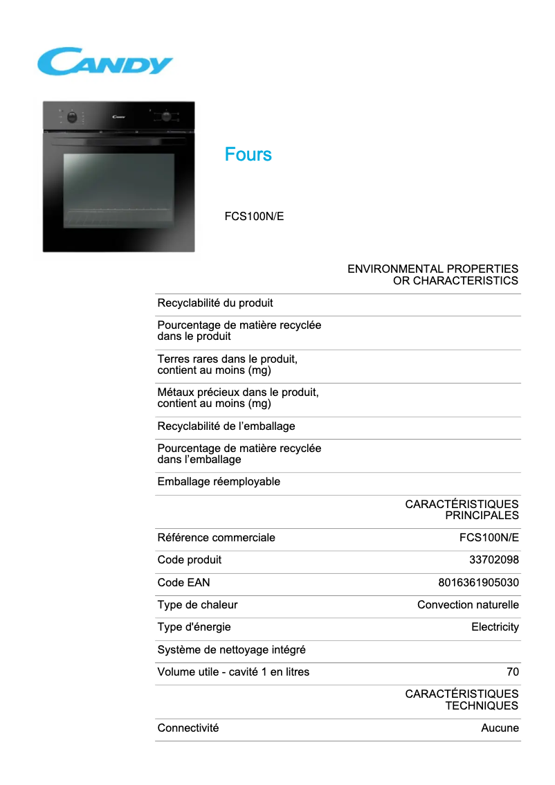 Page 1 de la notice Fiche technique Candy FCS100N/E