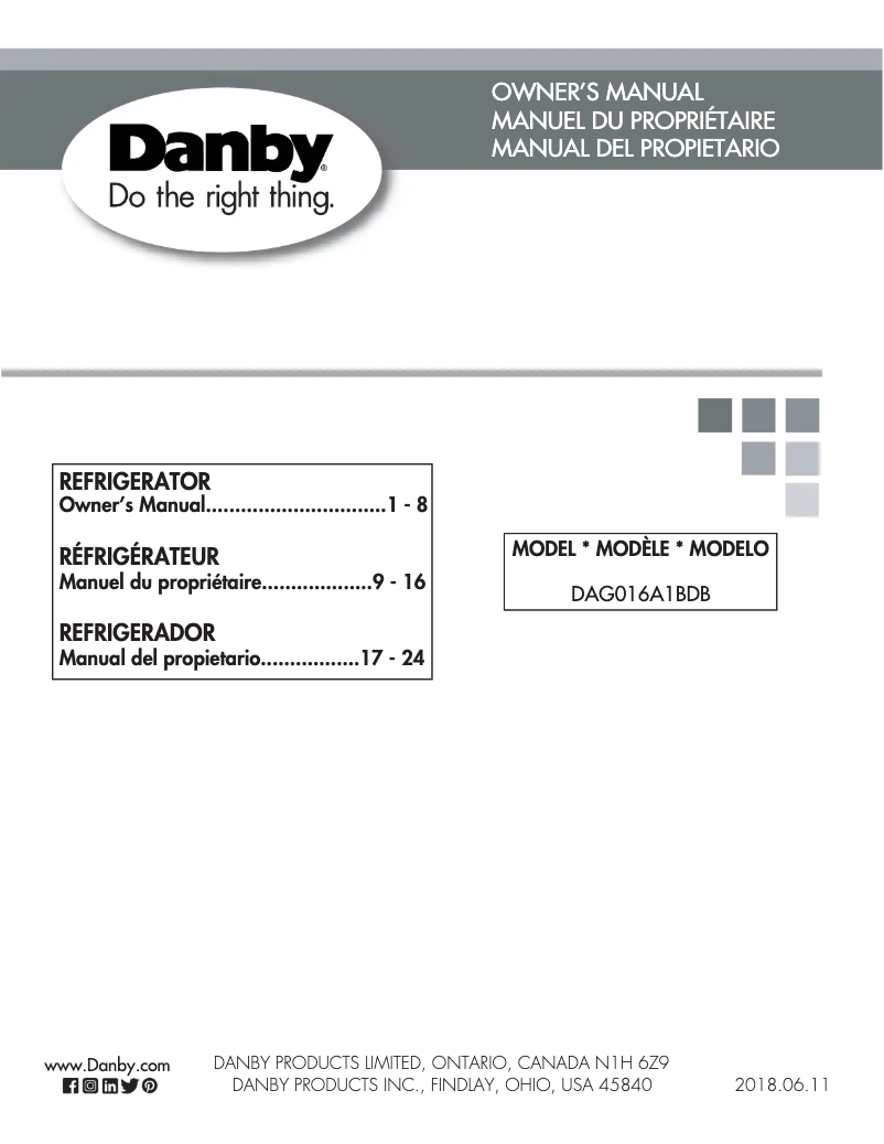 Page 1 de la notice Manuel utilisateur Danby DAG016A1BDB