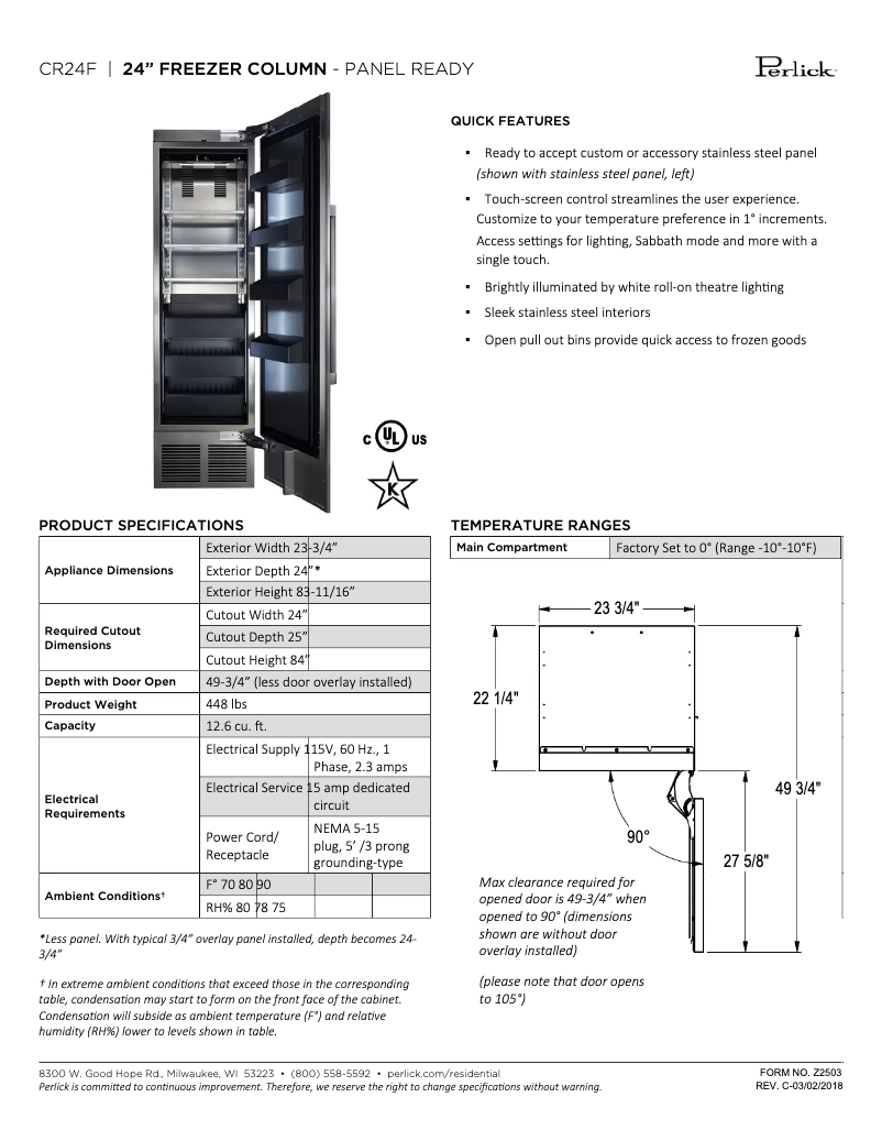 Page n°1 - Fiche technique Perlick CR24F-1-2R