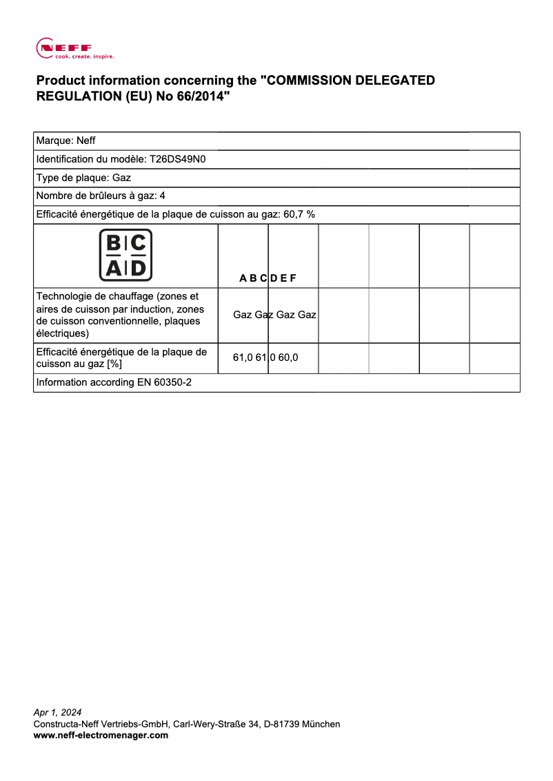 Page n°1 - Label énergétique Neff T26DS49N0