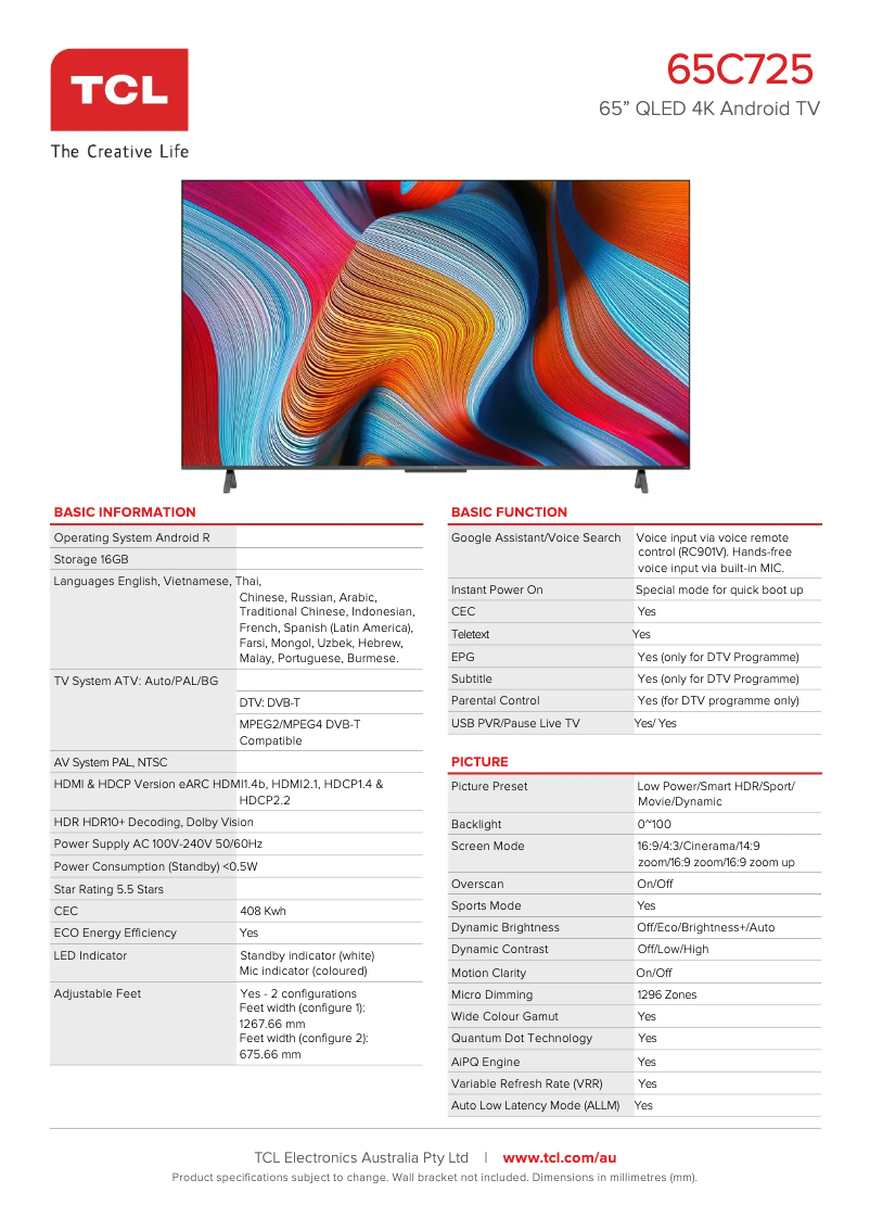 Page 1 de la notice Fiche technique TCL 65C725