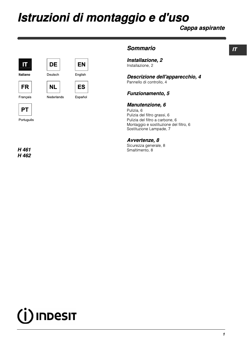 Page n°1 - Manuel utilisateur Indesit H 462