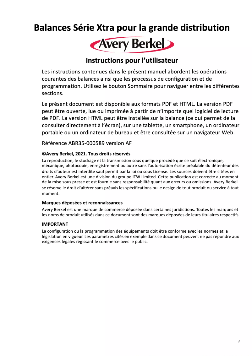 Page n°1 - Manuel utilisateur Avery Berkel XTi400