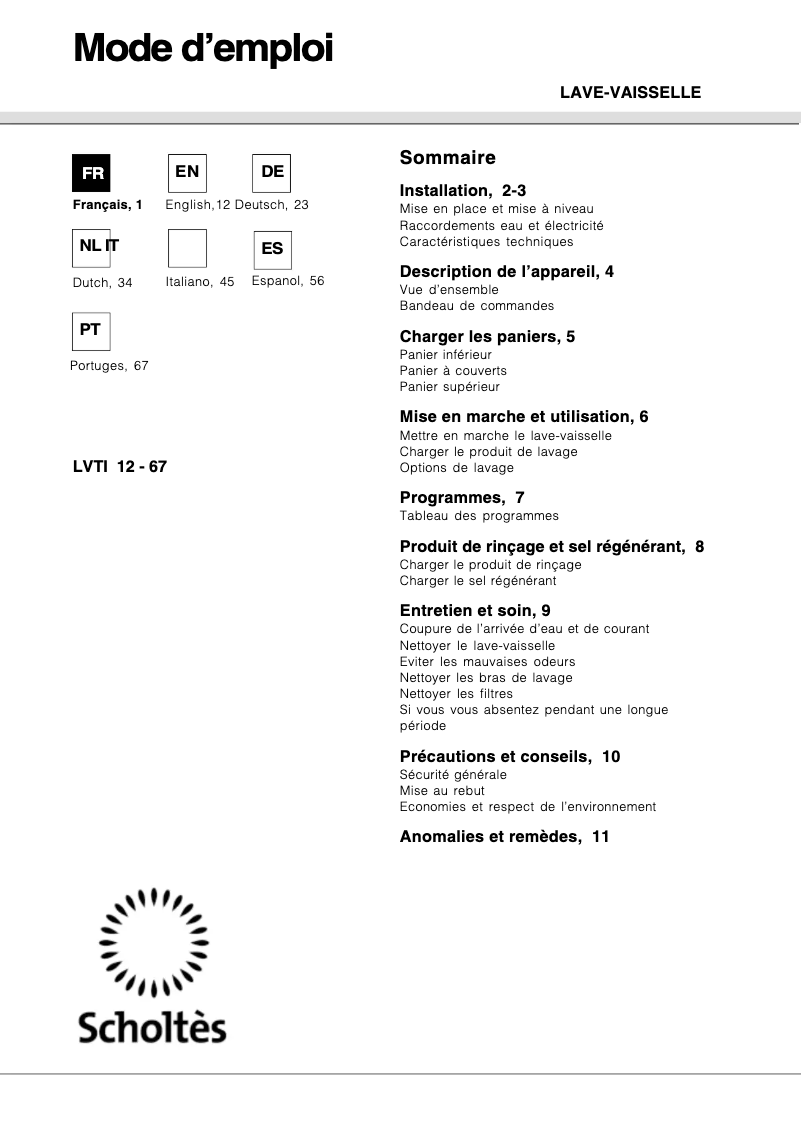 Page n°1 - Manuel utilisateur Scholtès LVTI 12-67