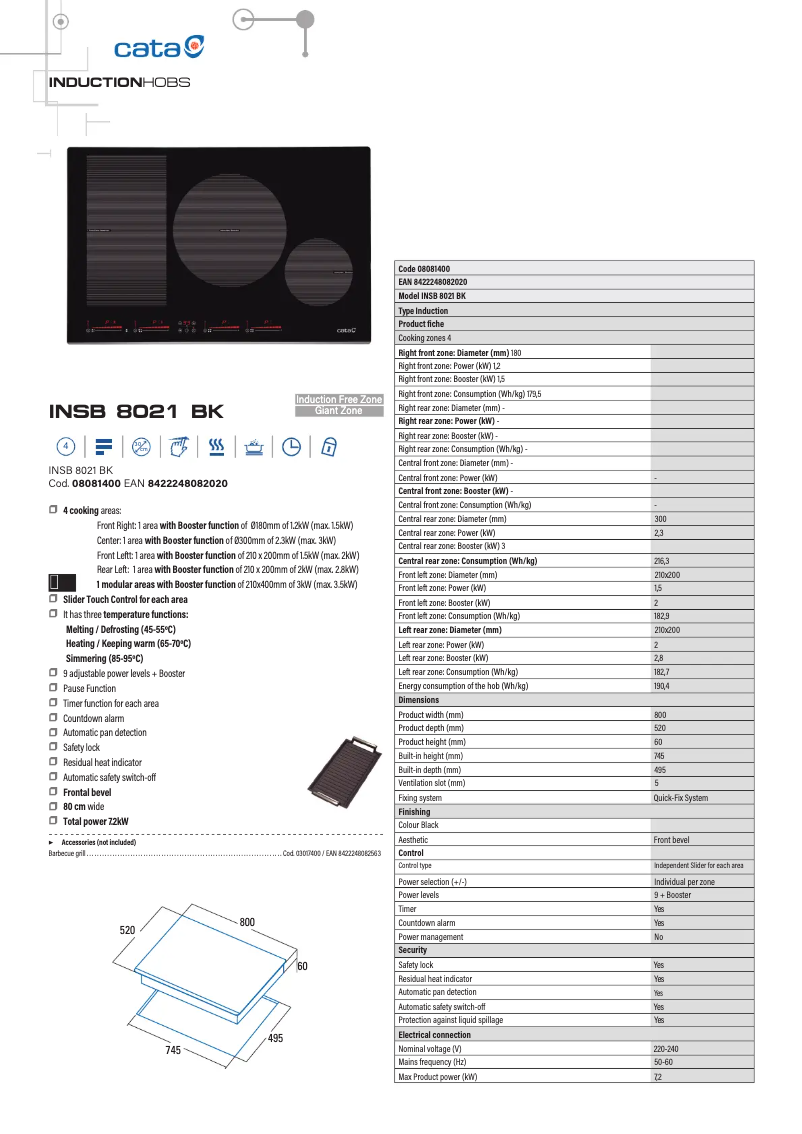 Page 1 de la notice Fiche technique CATA INSB 8021