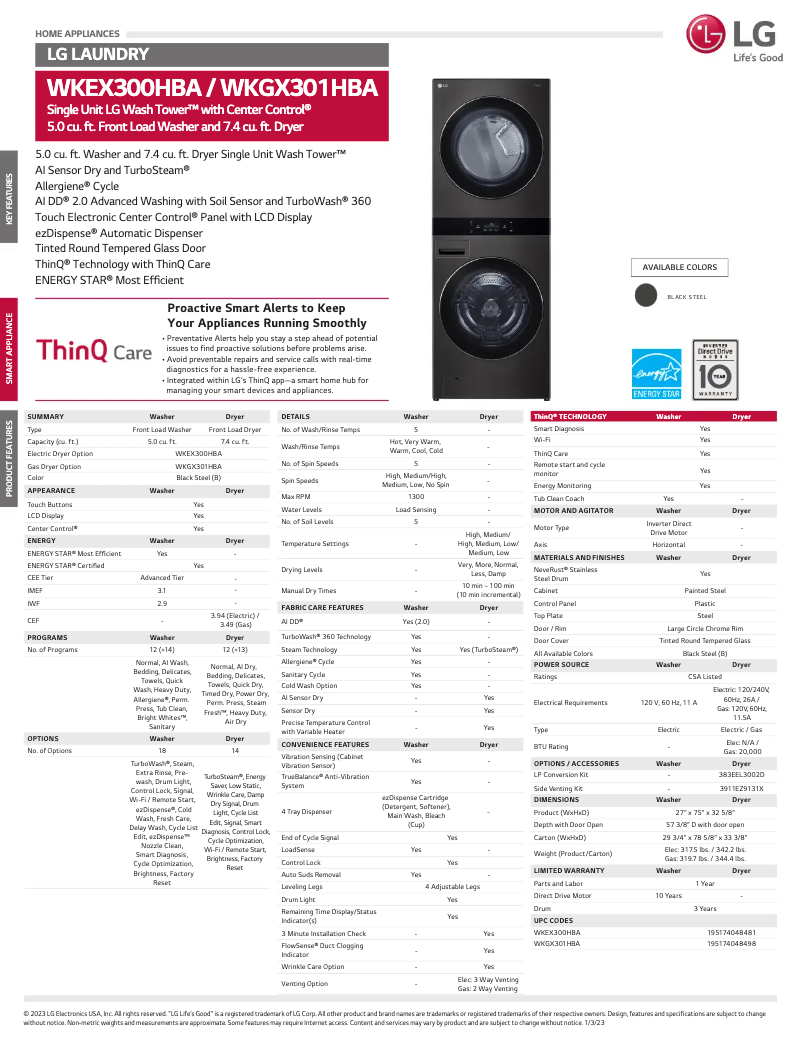 Page 1 de la notice Fiche technique LG WKGX301HBA
