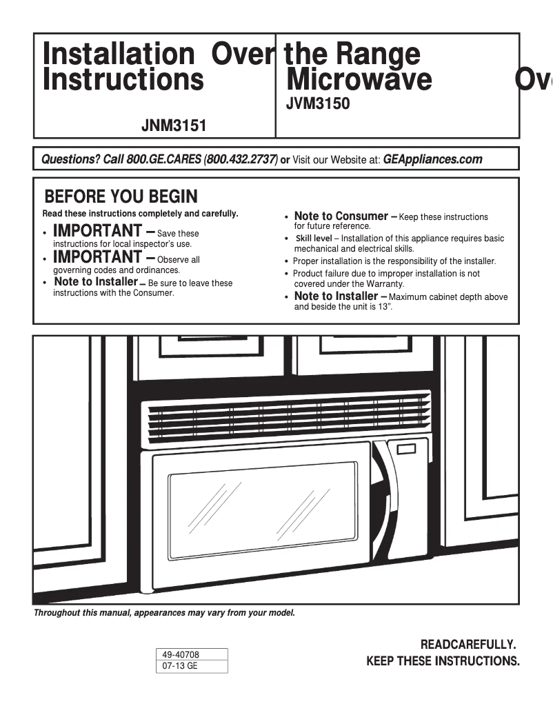 Page 1 de la notice Guide d'installation GE JNM3151DFBB