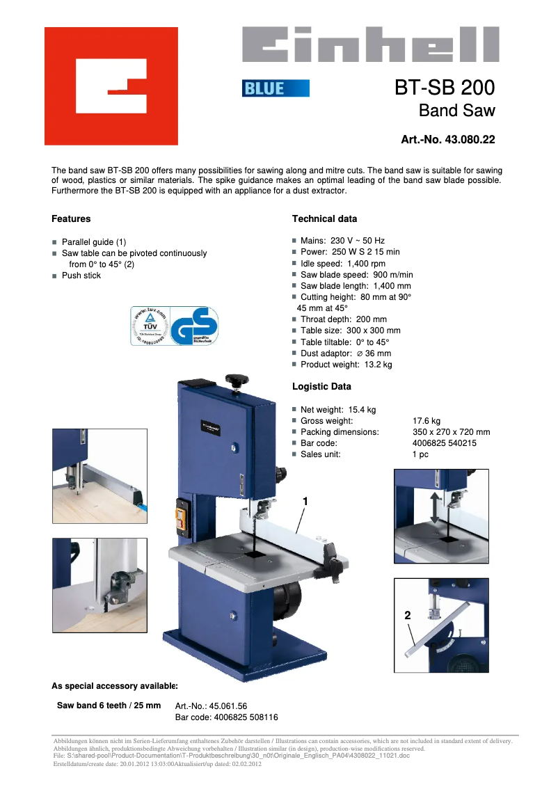 Page 1 de la notice Fiche technique Einhell BT-SB 200