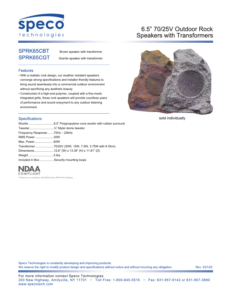 Page 1 de la notice Fiche technique Speco Technologies SPRK65CGT