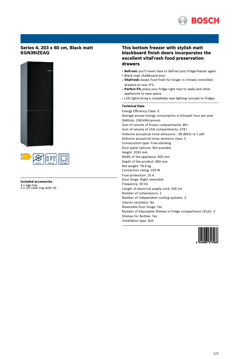 Page n°1 - Fiche technique Bosch KGN39IZEAG