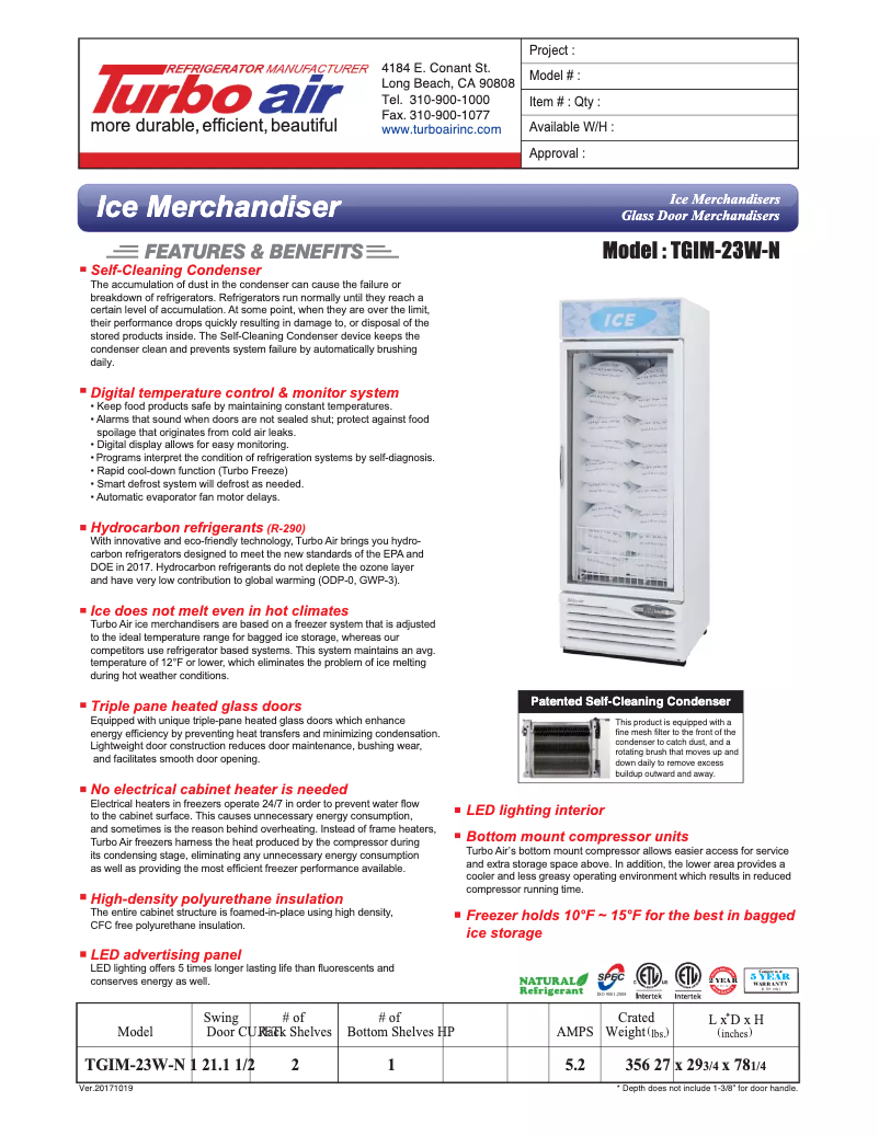 Page 1 de la notice Fiche technique Turbo air TGIM-23