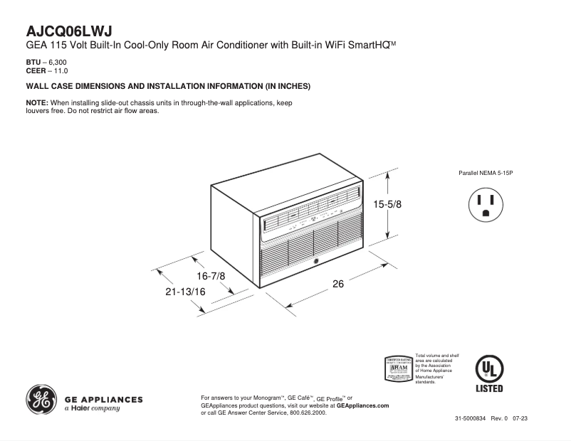 Página 1 del manual Ficha técnica GE AJCQ06LWJ