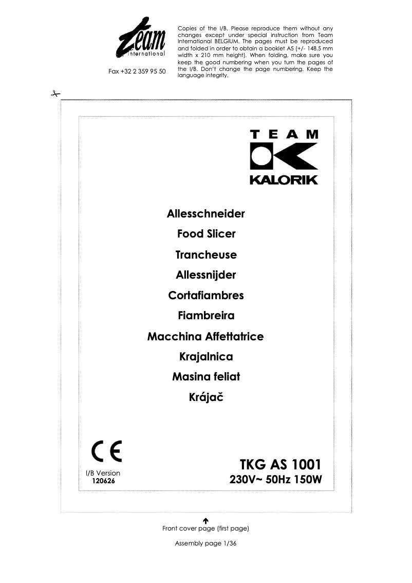 Image de la première page du manuel de l'appareil TKG AS 1001