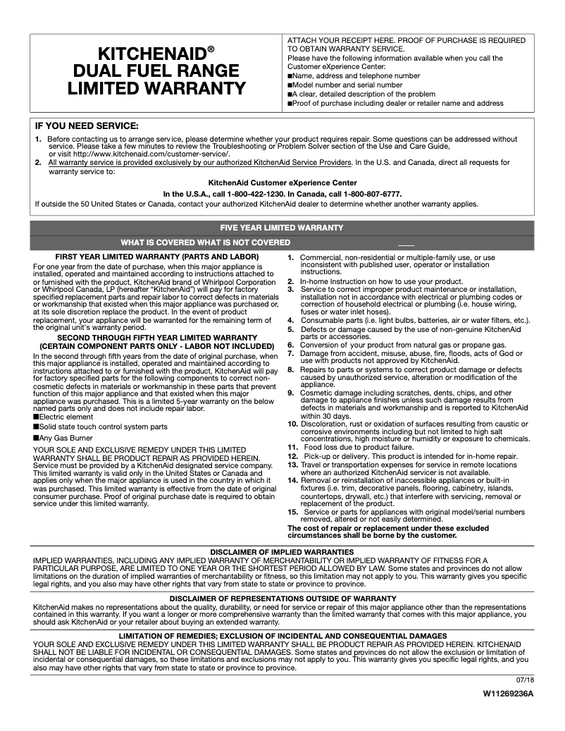 Página 1 del manual Información de garantía KitchenAid KFDC558JIB