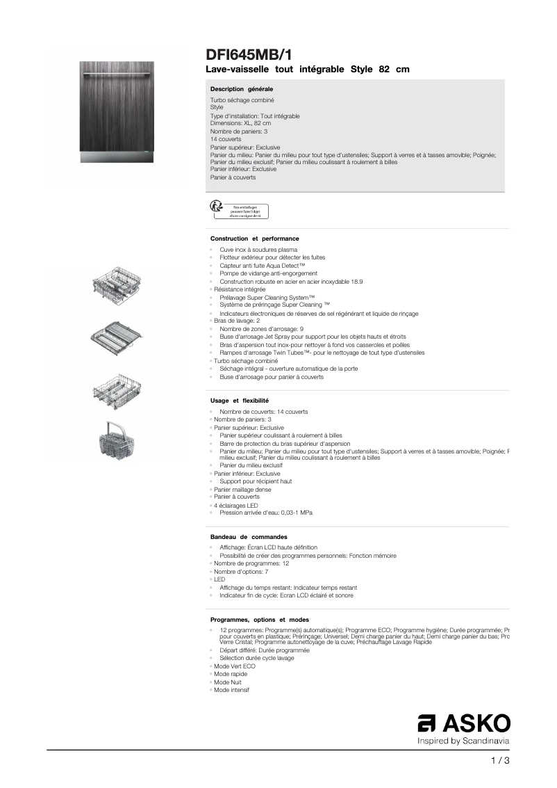 Page 1 de la notice Fiche technique Asko DFI 645 MB/1