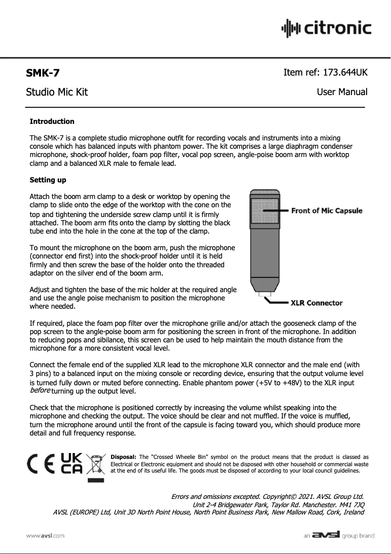Page n°1 - Manuel utilisateur Citronic SMK-7