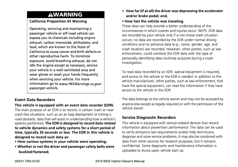 Page 1 de la notice Manuel utilisateur Acura MDX Hybrid (2018)