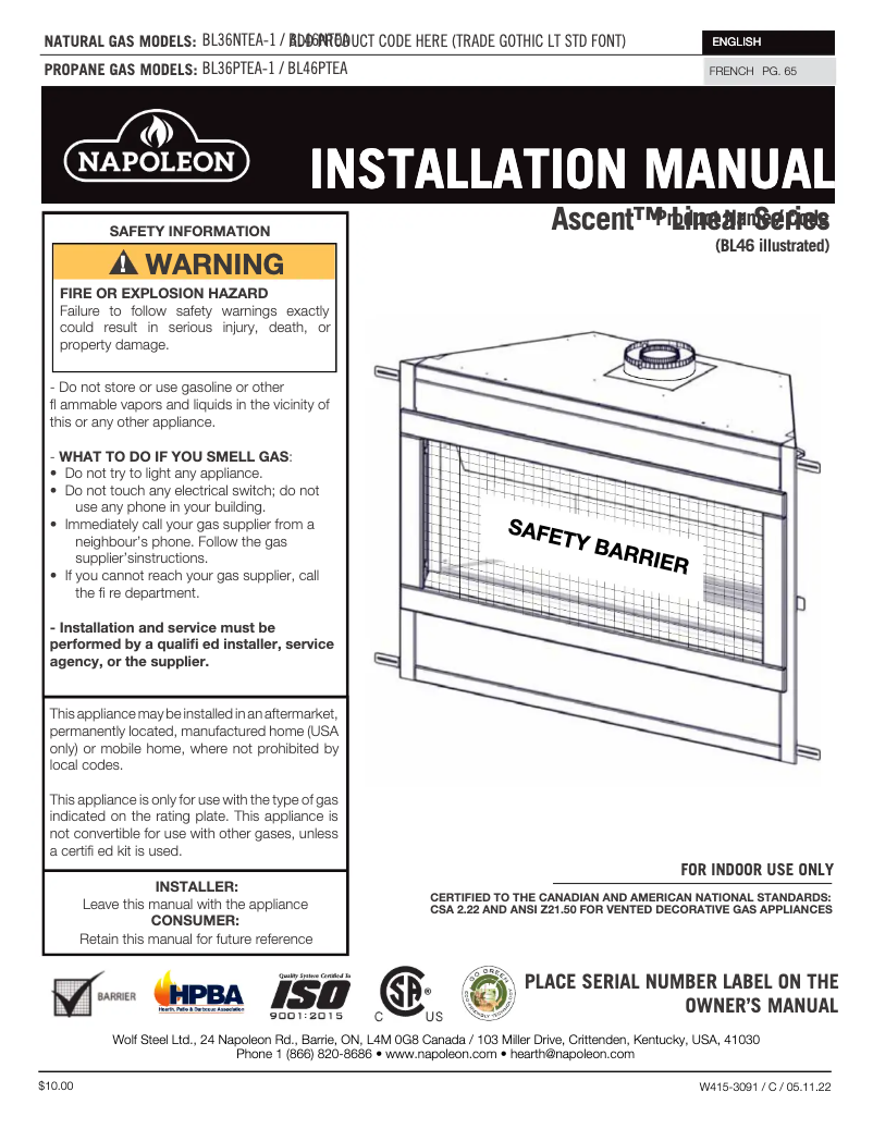 Page 1 de la notice Manuel utilisateur Napoleon Ascent Linear 46