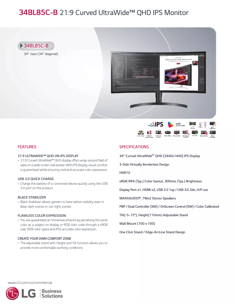 Page 1 de la notice Fiche technique LG 34BL85C-B