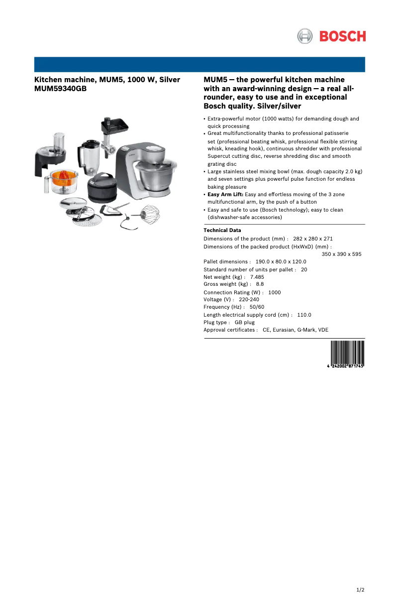 Page n°1 - Fiche technique Bosch MUM59340GB