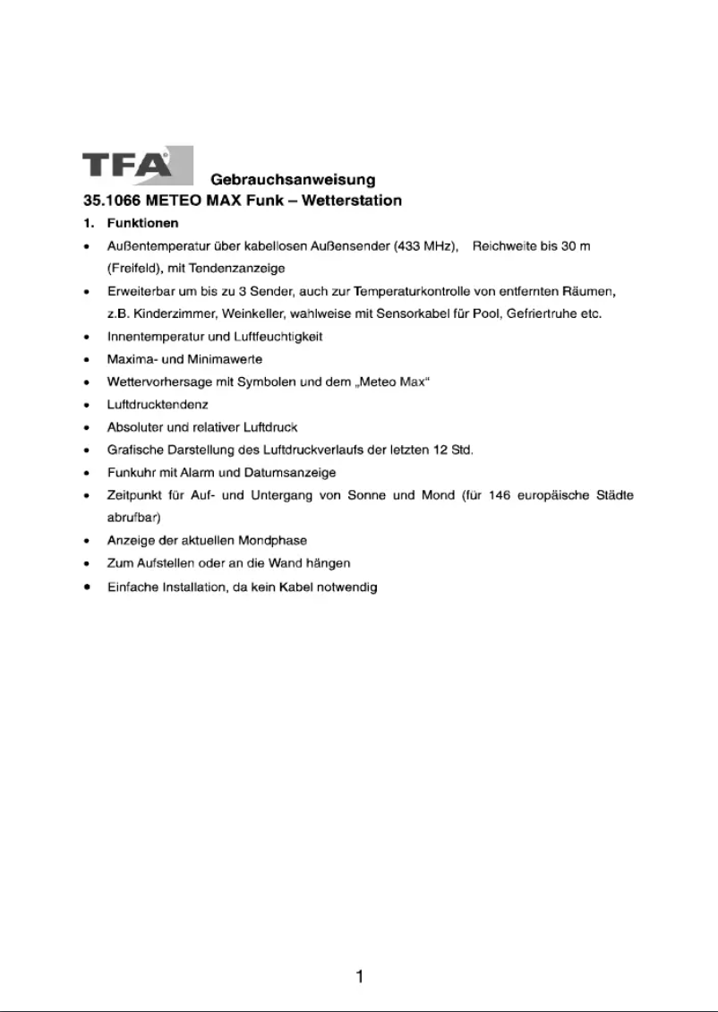 Page 1 de la notice Manuel utilisateur TFA Meteo Max