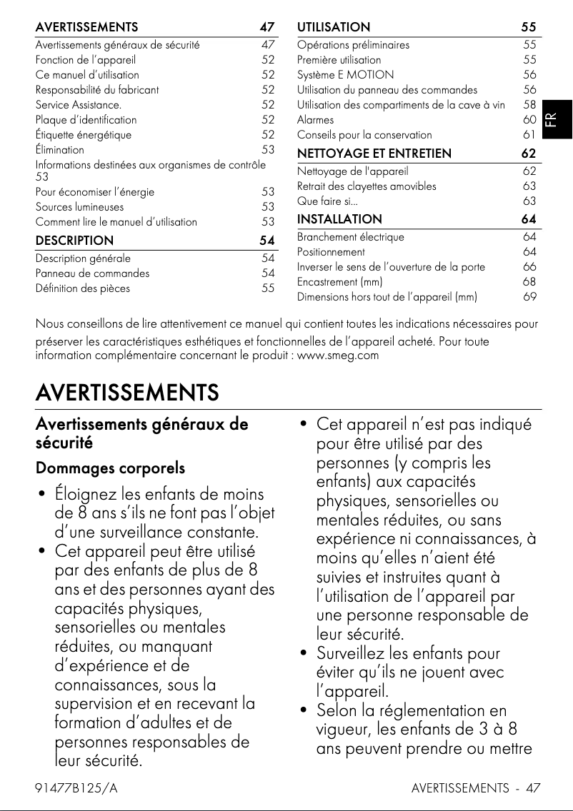 Page 1 de la notice Manuel utilisateur Smeg CVI040BE