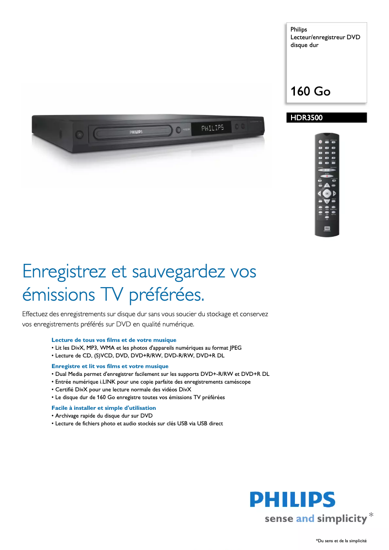 Page 1 of the manual Technical Sheet Philips HDR3500