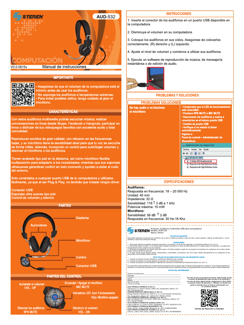 Page n°1 - Manuel utilisateur Steren AUD-532