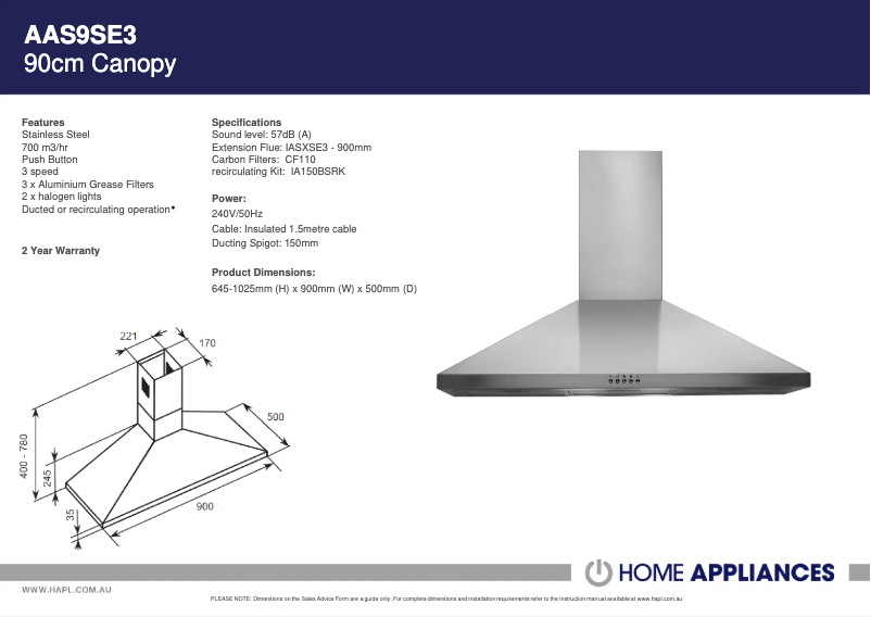 Page 1 de la notice Fiche technique ARC AAS9SE3
