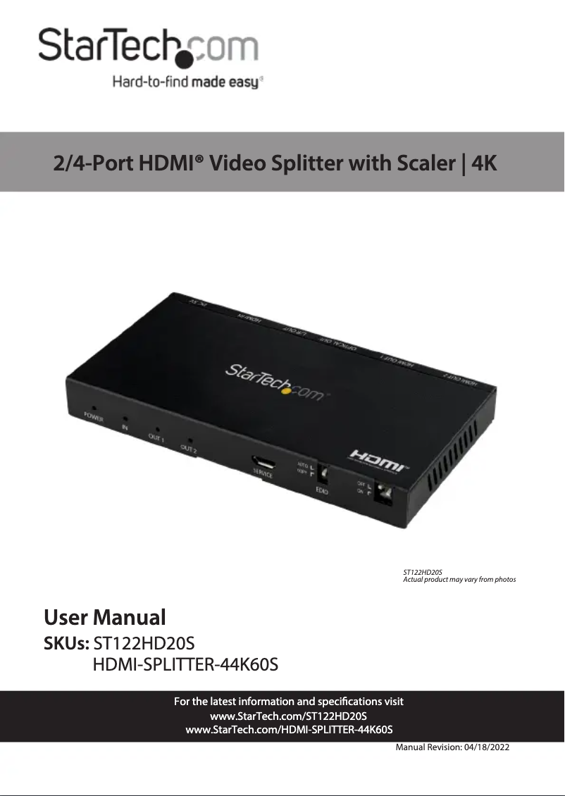 Page 1 de la notice Manuel utilisateur StarTech.com HDMI-SPLITTER-44K60S