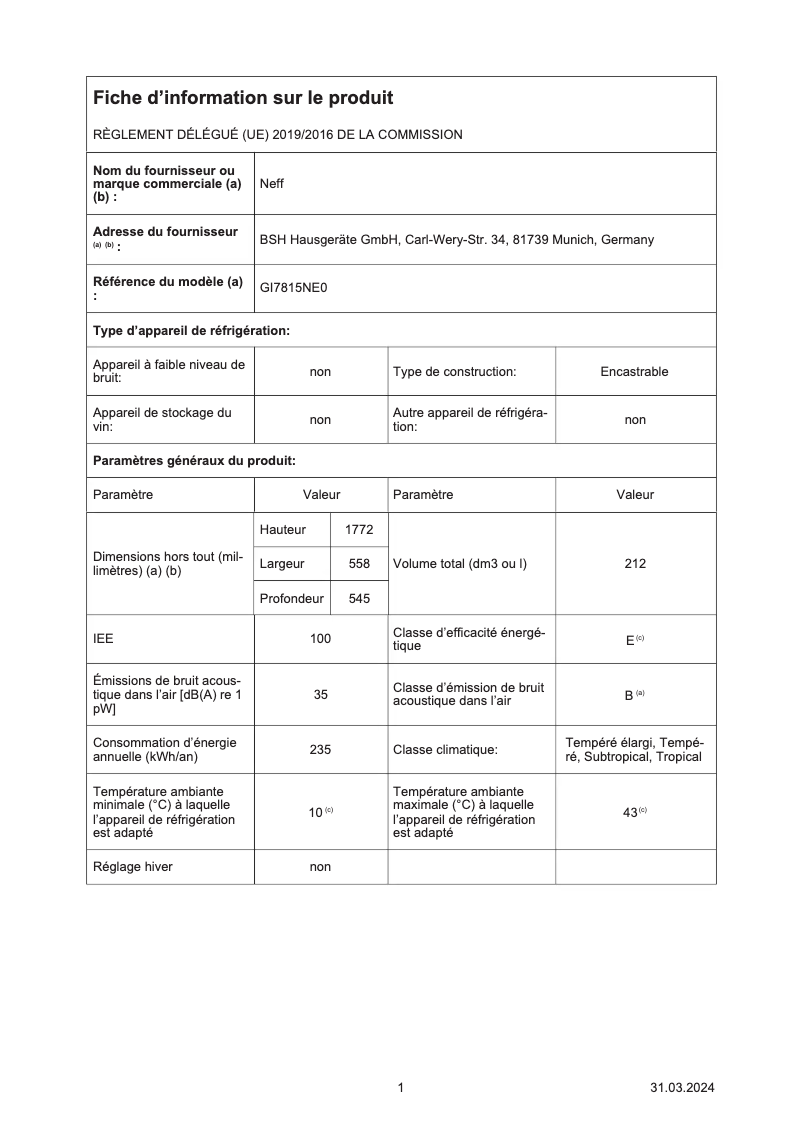 Page n°1 - Label énergétique Neff GI7815NE0