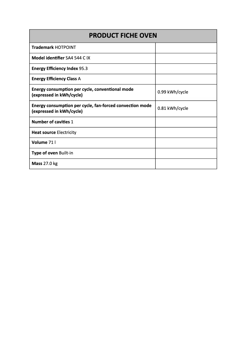 Page 1 de la notice Fiche technique Hotpoint SA4 544 C IX