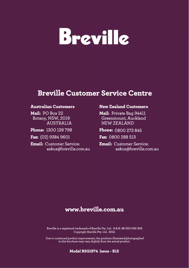 Page 1 de la notice Manuel utilisateur Breville the Original '74 BSG1974