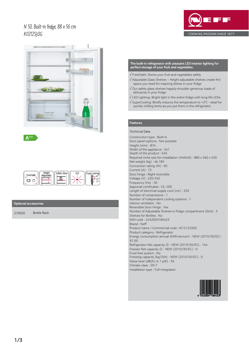 Page 1 de la notice Fiche technique Neff KI1212S30G