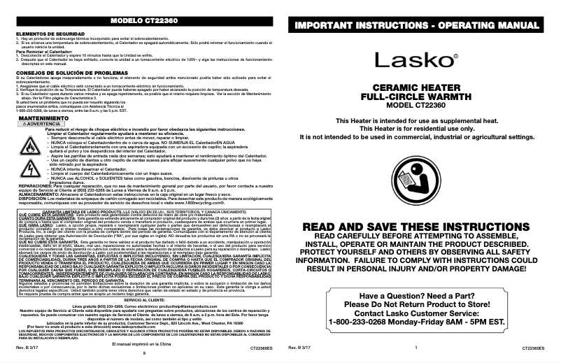 Page 1 de la notice Manuel utilisateur Lasko Full-Circle Warmth Ceramic CT22360