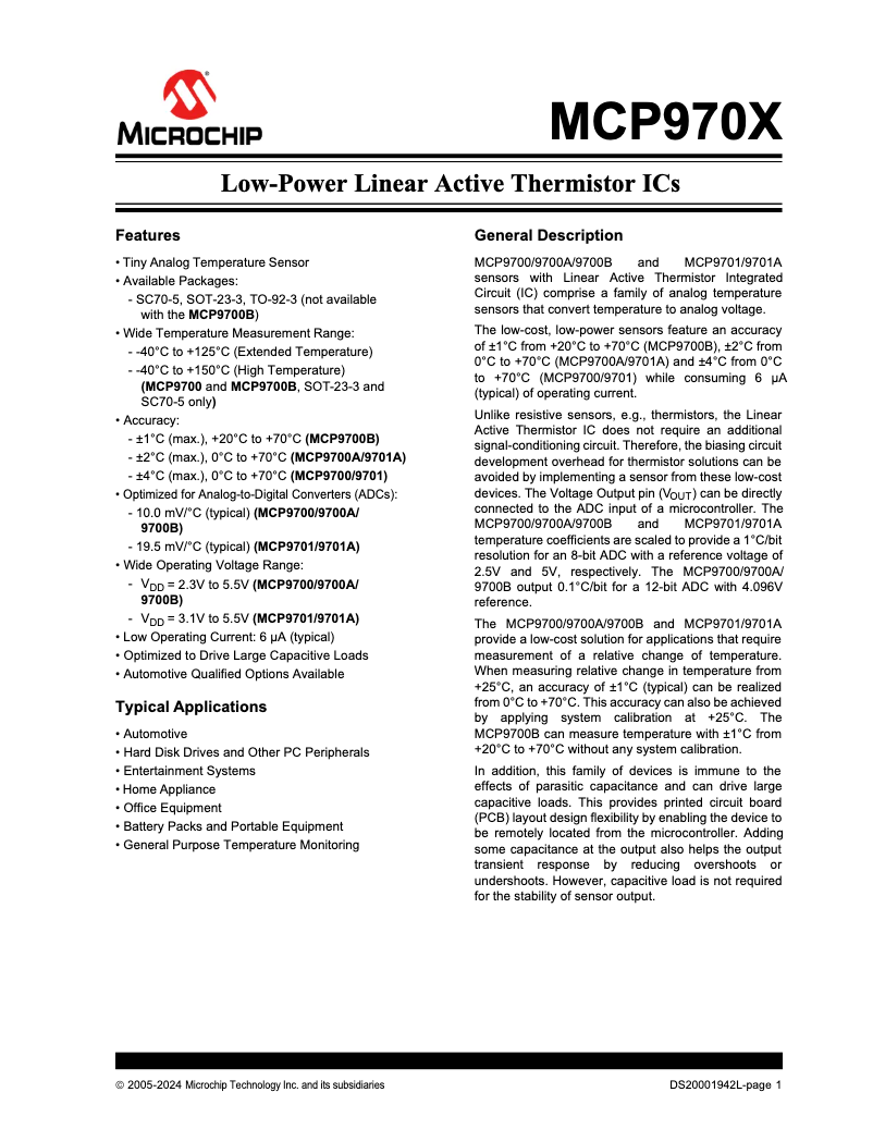 Page 1 de la notice Fiche technique Microchip MCP9700A