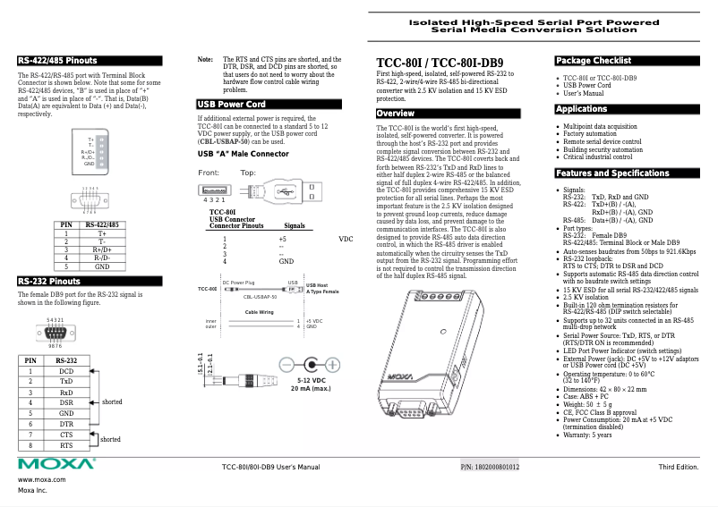 Page n°1 - Manuel utilisateur Moxa TCC-80