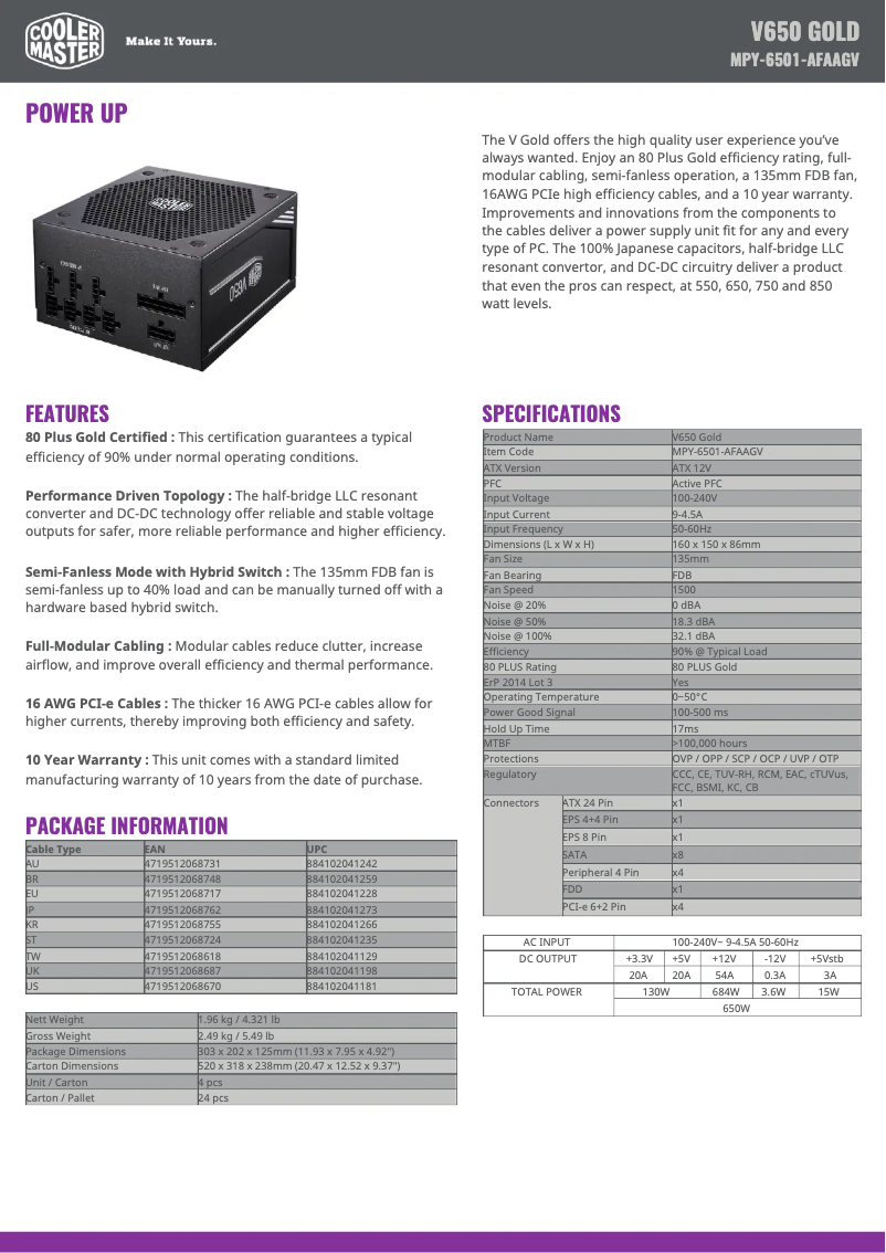 Page 1 de la notice Fiche technique Cooler Master V650 Gold