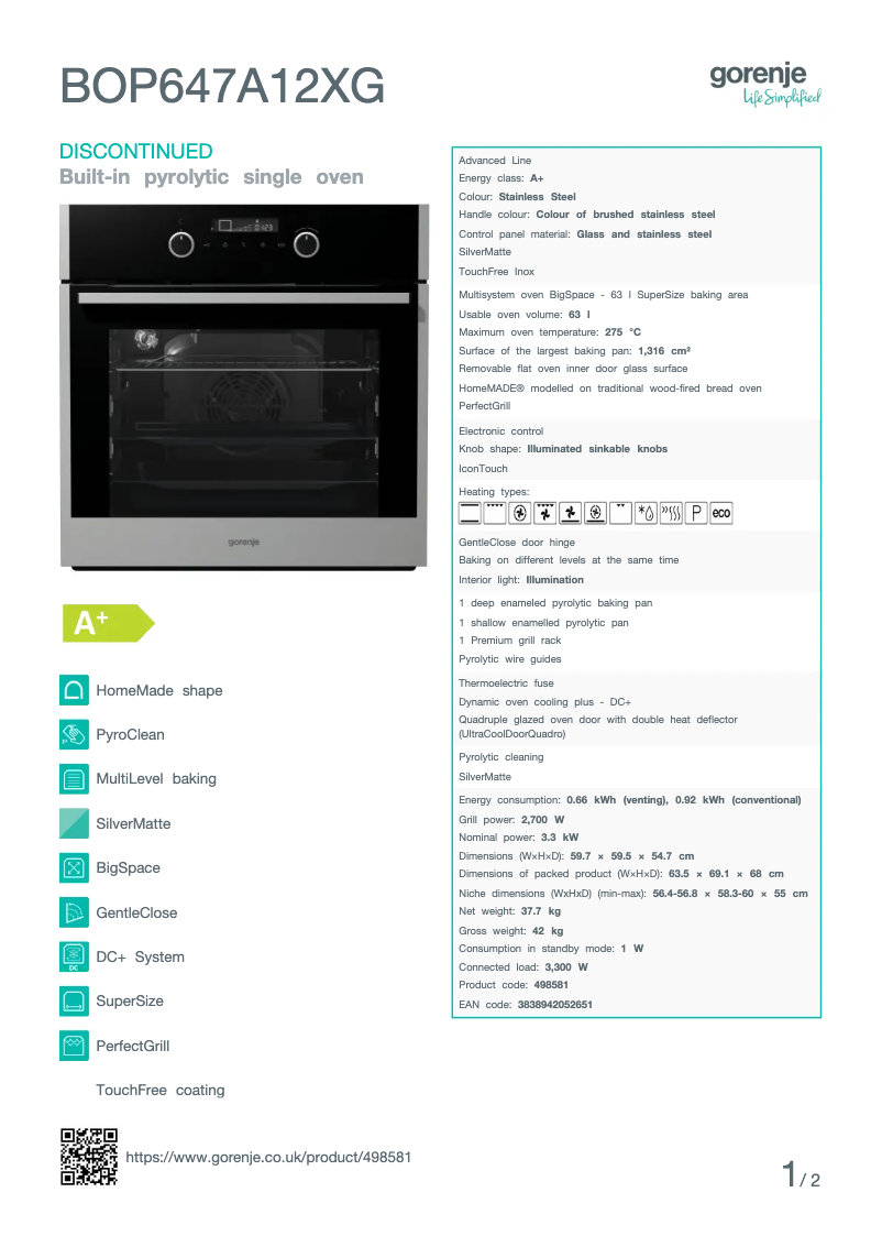 Page n°1 - Fiche technique Gorenje BOP647A12XG