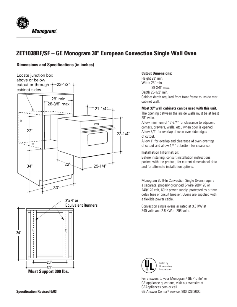 Page n°1 - Fiche technique GE ZET1038SFSS