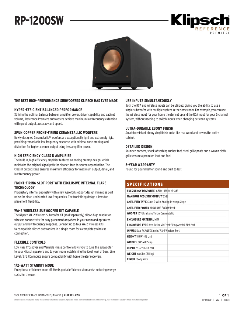 Page n°1 - Fiche technique Klipsch Reference Premiere RP-1200SW