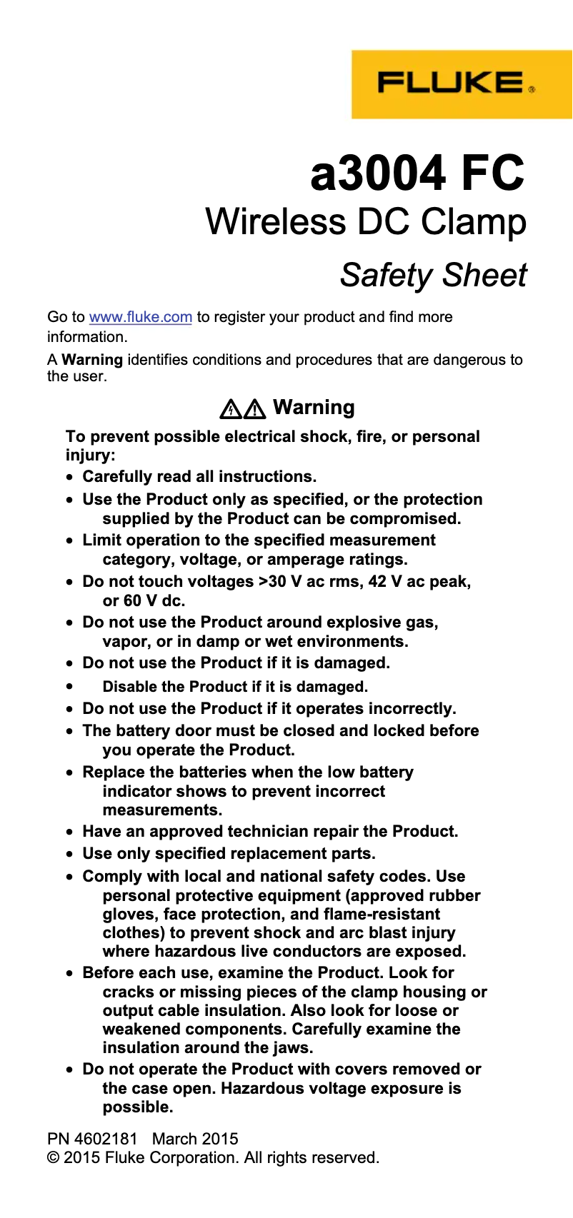 Página 1 del manual Instrucciones de seguridad Fluke a3004 FC