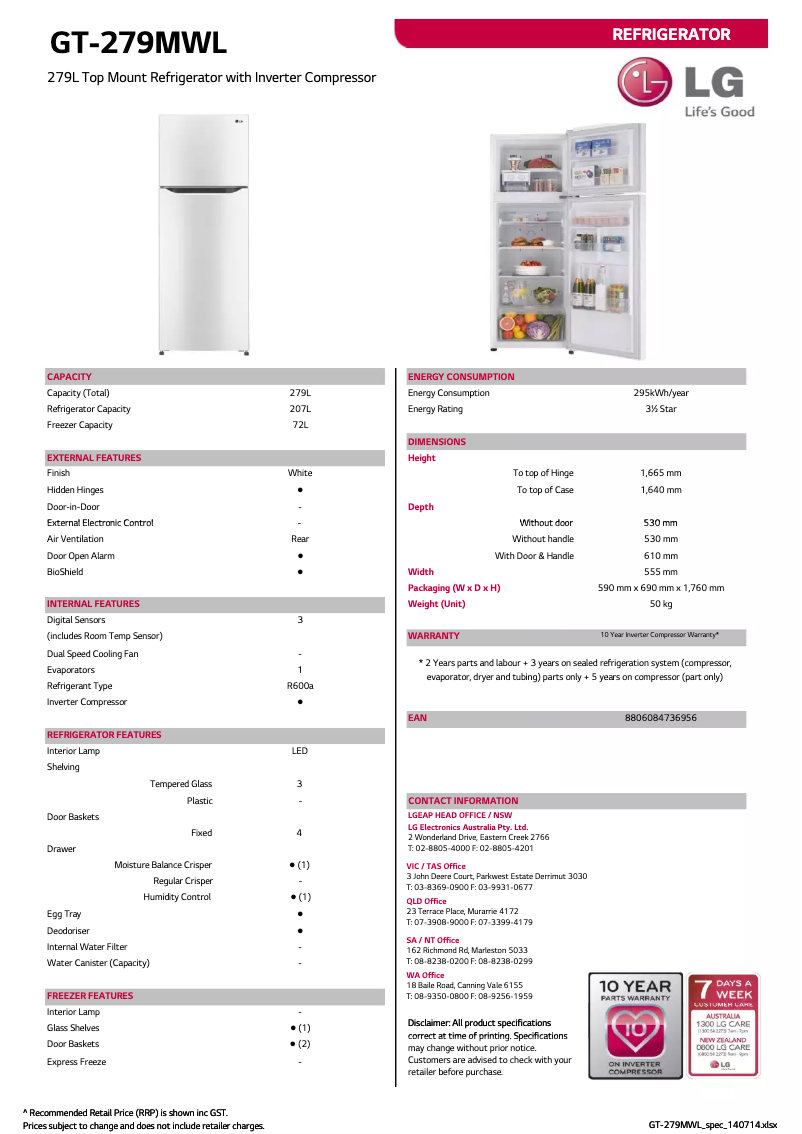 Page 1 de la notice Fiche technique LG GT-279MWL