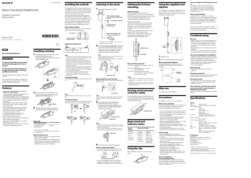 Page 1 de la notice Manuel utilisateur Sony MDR-NC100D