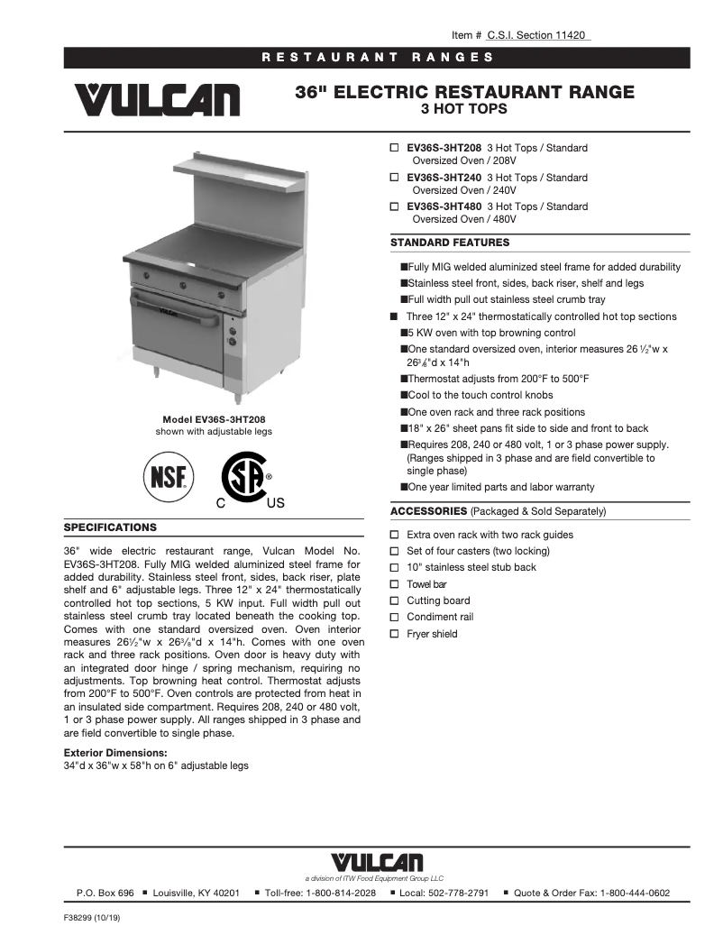 Page 1 de la notice Fiche technique Vulcan EV36S-3HT