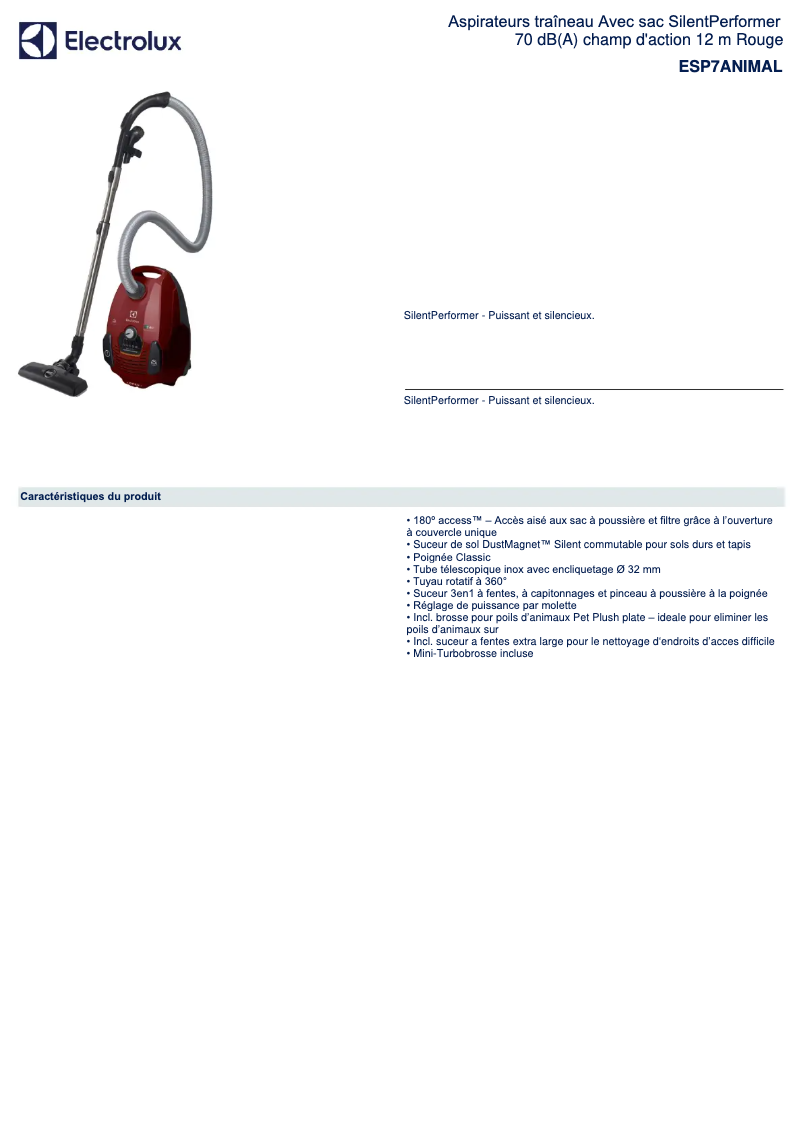 Page 1 de la notice Fiche technique Electrolux ESP7ANIMAL
